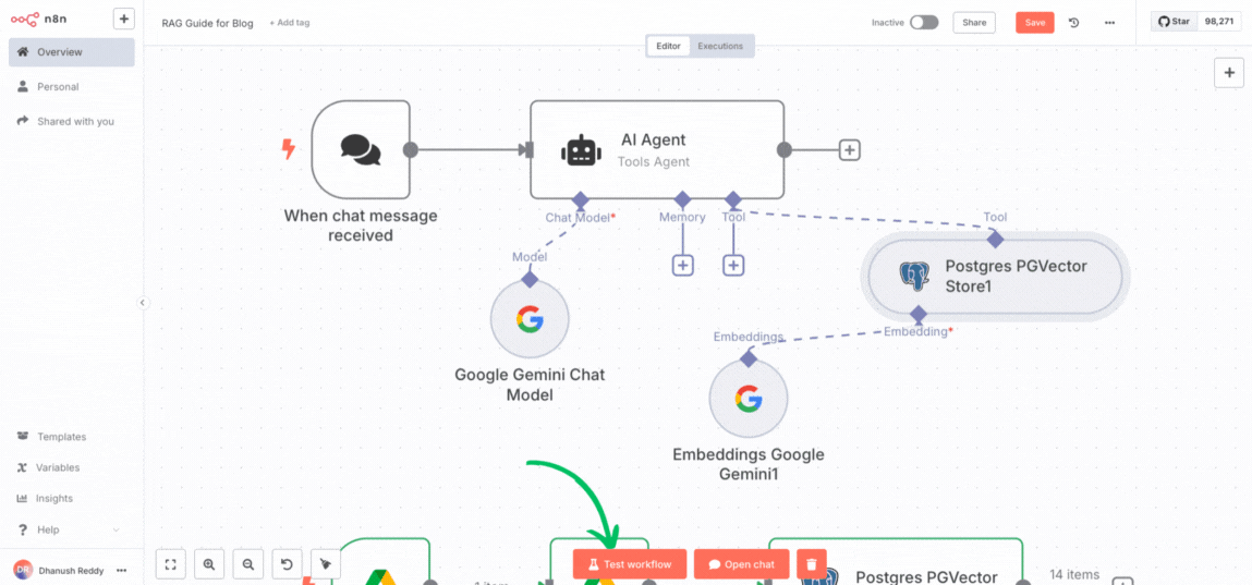 Testing the chat workflow in n8n
