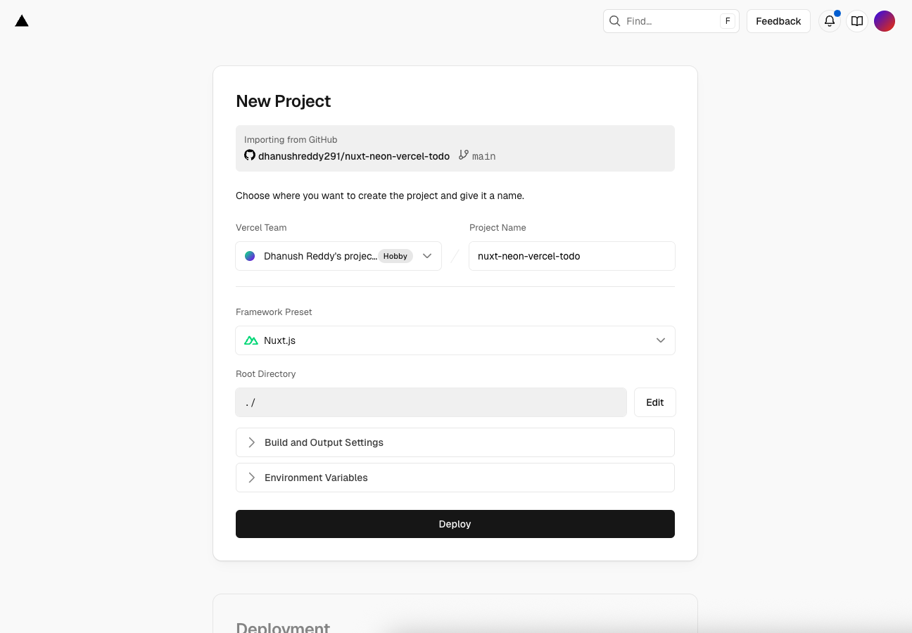 Create Nuxt.js project in Vercel